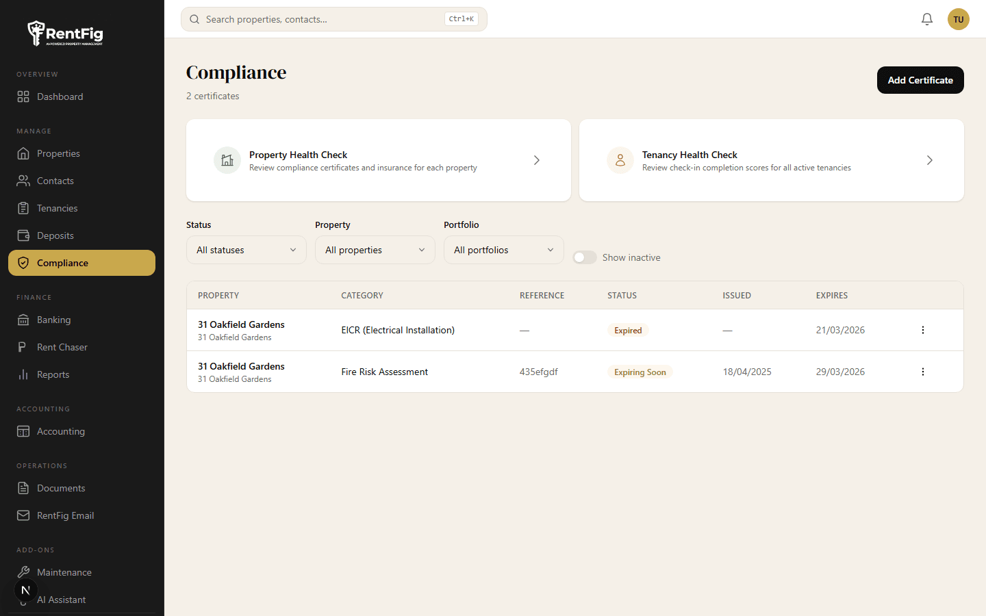 Compliance Tracking — RentFig screenshot
