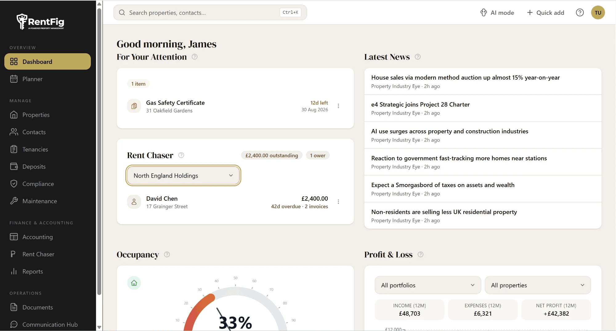 RentFig dashboard showing a new application in the For Your Attention widget