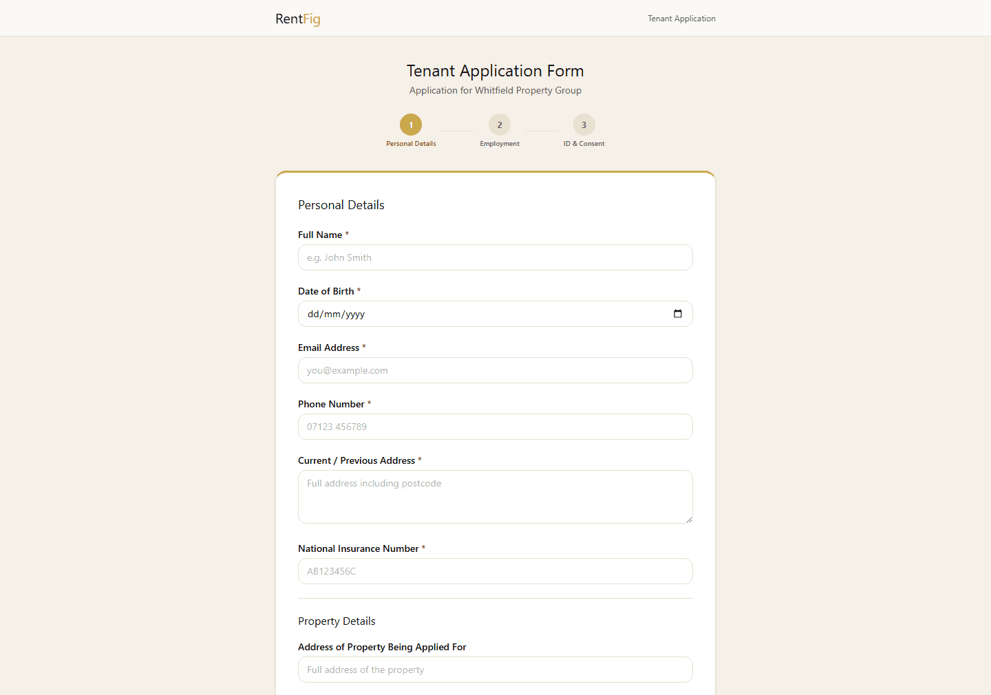 RentFig public tenant application form — Personal Details step, branded 'Application for Whitfield Property Group'